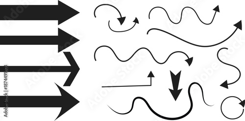 Hand drawn arrow set with curved and straight, spiral and wavy directional pointers for navigation or infographic design. Black sketchy marks on white bg for web and print projects.