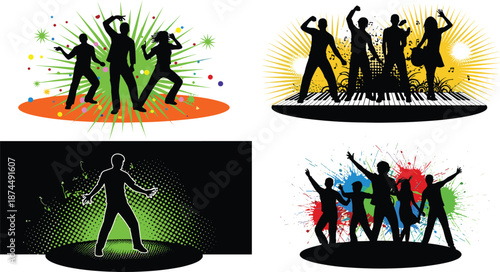 Colorful Graphic Silhouettes of People Dancing and Celebrating on Abstract Backgrounds, Perfect for Music, Party, Festival, or Energetic Design Concepts