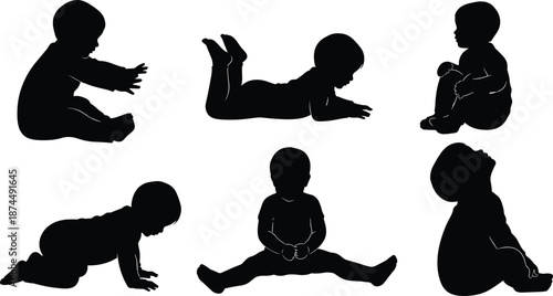 Set of Six Infant and Baby Silhouettes Showing Different Developmental Milestones Including Crawling Sitting Reaching and Playing for Early Childhood Growth Parenting and Pediatric Care Designs