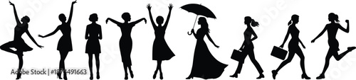 Female silhouette poses, fashion and movement icons, black design, expressive posture set, minimal art, character style variation
