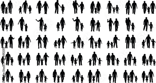 Large Collection of Family Silhouette Sets Featuring Parents and Children Walking Together Holding Hands Representing Generational Bonds Happy Parenting Family Values and Diverse Household Units