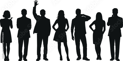 Business people silhouette, professional group illustration, formal attire vector, diverse team concept, black and white design, corporate unity, standing pose