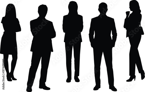 Business people silhouette, corporate team illustration, professional attire vector, workplace diversity concept, standing pose, black and white design, teamwork unity