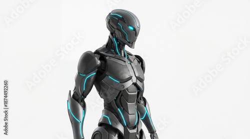 Futuristic Black Cyborg Character with Glowing Blue Neon Lines
