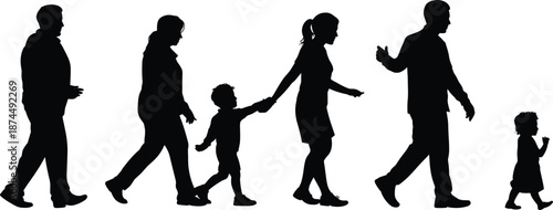 Family walking silhouette, black vector illustration, adults and children together, parenting concept, life stages, unity in motion, outdoor bonding design