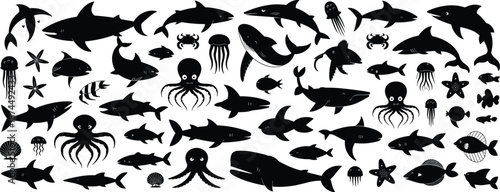 Marine animals silhouette, ocean wildlife illustration, sea creatures vector, underwater fauna drawing, black and white aquatic life, educational design