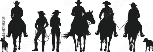 Cowboy silhouette illustration, western horse riders, ranch scene vector, black and white design, dog companions, rope action, country lifestyle concept