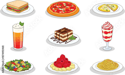 Set of international food dishes and beverages including pizza, sandwich, pasta, salad, and desserts for restaurant menu design and culinary blog concepts.