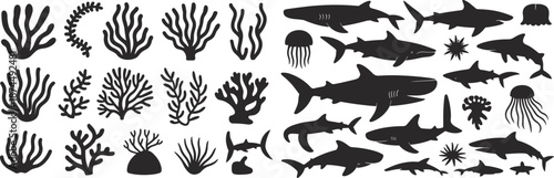 Marine life silhouettes, underwater creatures, black shapes, coral reef, shark forms, jellyfish tentacles, ocean biodiversity, sea elements, aquatic design, nature theme