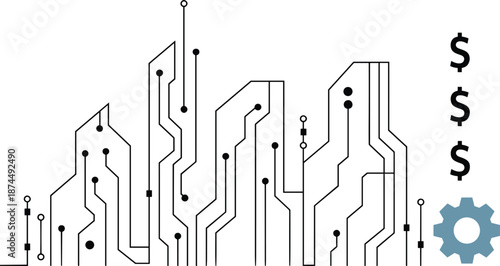 Abstract circuit board city skyline with dollar signs and gear technology