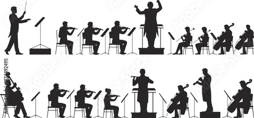 Orchestra silhouettes, conductor podium, classical musicians, black shapes, music performance, string instruments, wind section, ensemble setup, concert scene, artistic design