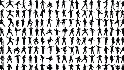 Silhouettes, People, Human, Vector, Collection, Pose, Action, Set, Movement, Group, Figure, Black, Diverse, Dynamic, Active, Body language, Male female, Sports action, Standing poses, Dance moves, 
