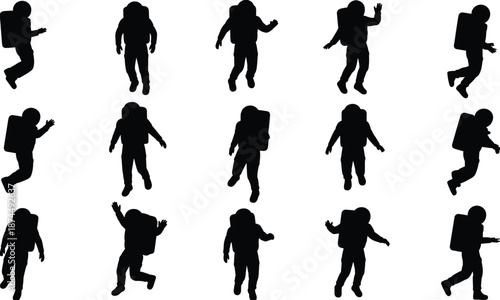 Astronaut silhouette collection, spacewalk poses, floating figures, black shapes, spacesuit design, helmeted explorers, cosmic movement, zero gravity, space activity, exploration theme
