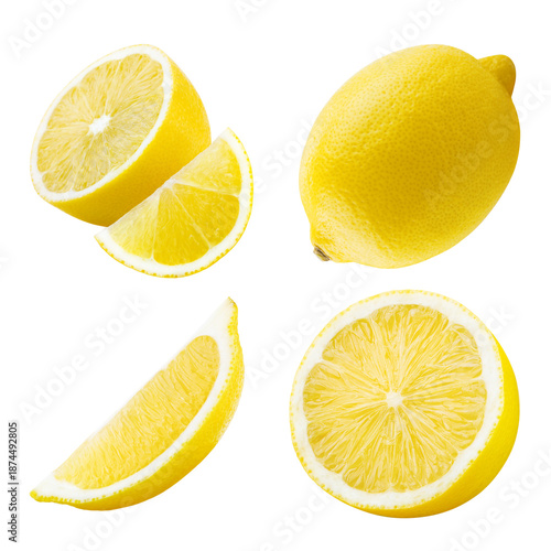 Set of fresh lemons with halves and slices isolated on transparent background. PNG