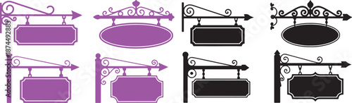 A variety of ornate hanging shop signs with decorative brackets in magenta and black colors