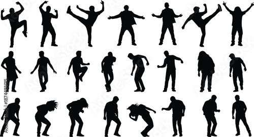 Silhouettes of 24 People in Expressive Dance Poses, Capturing Movement, Style, and Emotion for Artistic, Educational, or Performance-Themed Design Projects