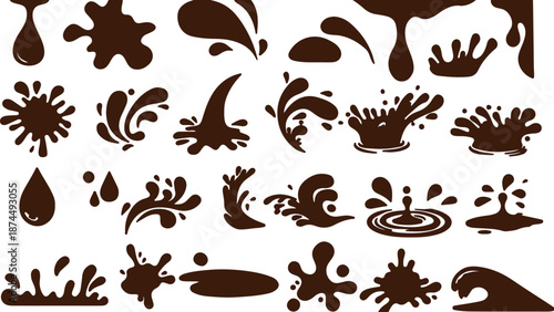 Dynamic Vector Collection of Rich Brown Liquid Chocolate Splashes and Drops