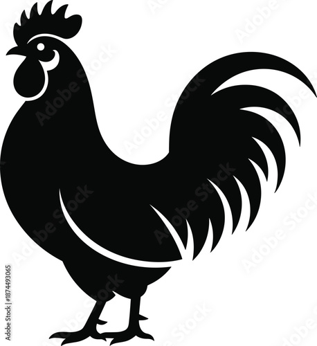 Rooster silhouette illustration, black bird icon, farm animal design, rural life symbol, stylized plumage, morning theme, minimal art