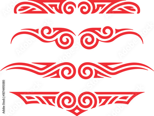 Four striking red ornamental tribal style elements with swirling lines and shapes