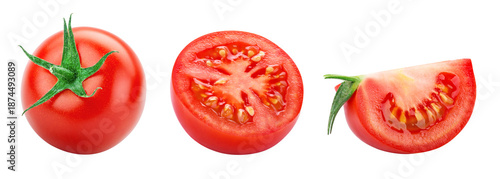 Set of tomato with half and slice isolated on transparent background. PNG