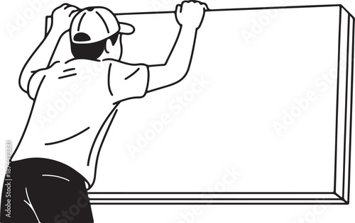 Simple black and white line drawing of a person pushing a large blank board