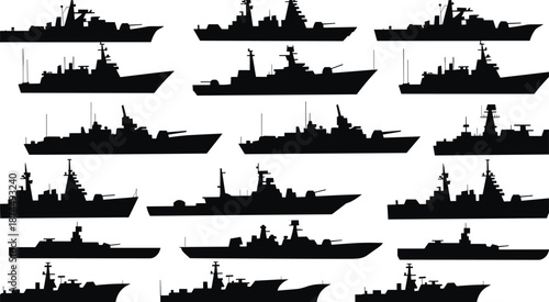 Naval warship silhouette collection, military destroyer cruiser fleet profiles, black vector illustration isolated on white background modern defense navy design