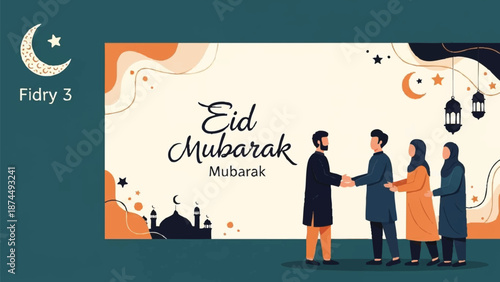 Happy Muslim people in traditional attire greet each other with a warm handshake during Holy Month Ramadhan celebrations with Eid Mubarak greeting in the background.