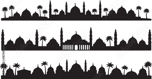 Three striking black silhouette borders depicting Middle Eastern cityscapes with iconic mosques and tall palm trees