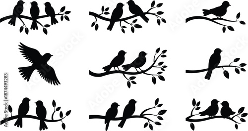 Bird silhouette collection, featuring perched flying birds, branches leaves, minimal black vector illustration, isolated white background design nature wildlife decor