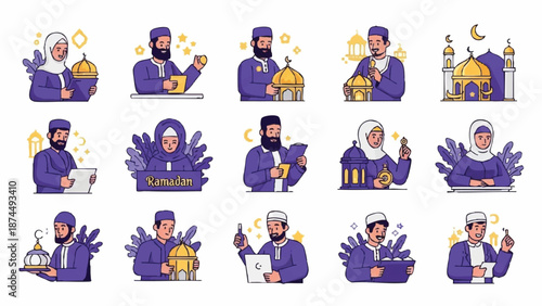 Flat illustration set of Happy Muslim people celebrating Holy Month Ramadhan with various activities.