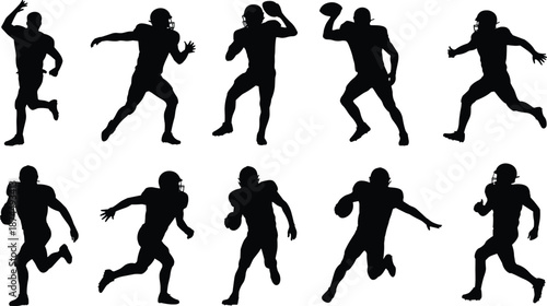 American football player silhouettes set, dynamic quarterback runner poses, isolated black vector athletes action collection on white background
