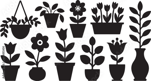 Various black silhouettes of potted plants and flowers displayed on a pristine white background