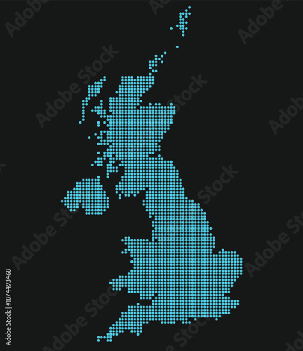 United Kingdom Digital Network Map with Dotted Grid for London Fintech Infrastructure. UK dotted map