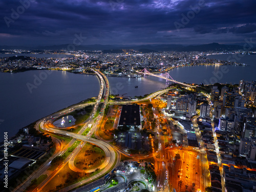 Aerial view of the city of Florianopolis during twilight. Brazil