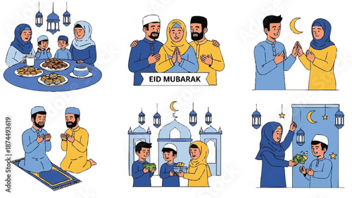 Illustrations of happy Muslim people celebrating Holy Month Ramadhan with traditional food and decorations in a colorful and joyful atmosphere.