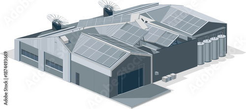 Industrial building with solar panels and storage tanks isometric view factory warehouse