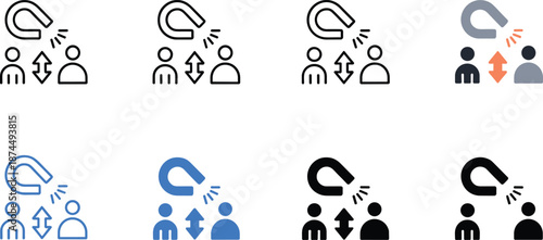 Magnet attracting people icons in multiple color variations attraction human