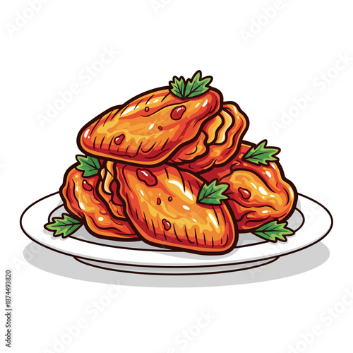 Plate of assorted fried chicken parts with garnish vector illustration, delicious cartoon fast food meal.