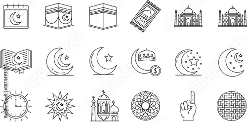 Vector Icon Set of 18 Islamic Line Art Symbols Featuring Kaaba Shrine Mosque Silhouettes Quran Holy Book Prayer Rug Crescent Moons and Geometric Ornaments for Religious Holiday Graphic Design