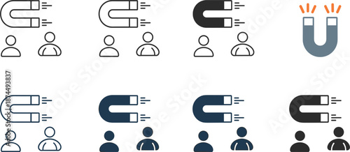 Magnet icons attracting people icons in various styles and colors Keywords: magnet, attraction, people, icon, symbol, magnetism