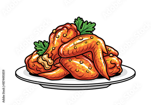 Plate of spicy fried chicken wings with garnish vector illustration, delicious cartoon fast food snack.