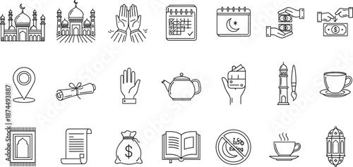 Vector Icon Set of 21 Islamic Line Art Symbols Featuring Mosques Prayer Hands Quran Ramadan Calendar Charity Zakat and Traditional Lanterns for Religious Holiday Graphic Design