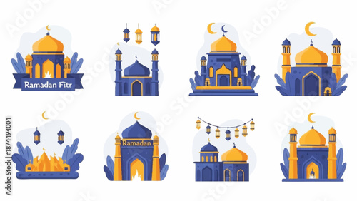 Flat lay of eight colorful mosque icons in blue and gold, celebrating Happy Muslim people during Holy Month Ramadhan against a clean white background.