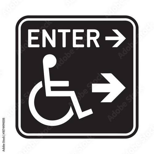 Accessible entrance sign with wheelchair symbol and directional arrow displayed