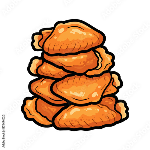 Stack of crispy fried chicken wings vector illustration, delicious hot and spicy fast food snack.