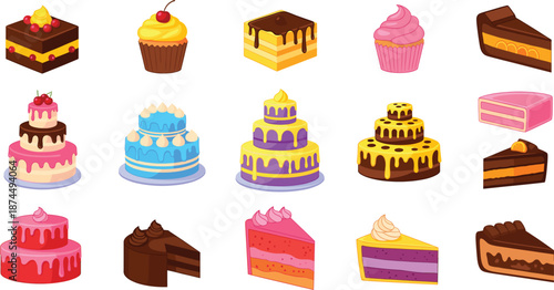 Set of delicious cake and cupcake characters including tiered cakes chocolate slices and sweet pastries isolated on white background vector illustration