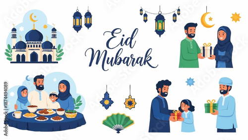 Illustration of happy Muslim people celebrating Holy Month Ramadhan and Eid Mubarak with traditional food and gifts in a colorful flat lay composition with a joyful mood against a clean