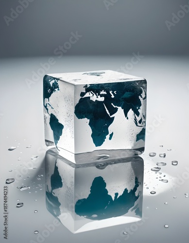 World Map Inside Melting Ice Cube Symbolizing Climate Change Crisis
