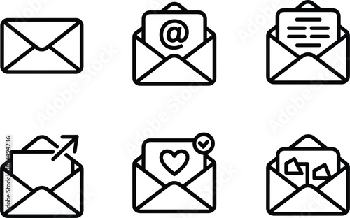 Six black and white email and message icons with different symbols envelope communication