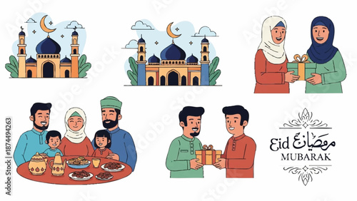 Illustration of happy Muslim people celebrating Holy Month Ramadhan with traditional food and greetings.